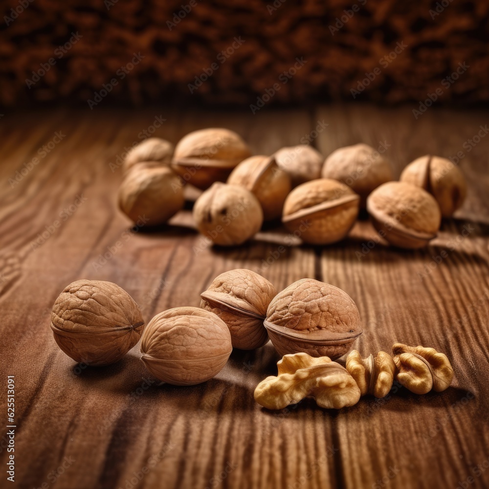 Walnuts healthy food on wooden background. Generative Ai. Walnuts healthy food on wooden background. Generative Ai.