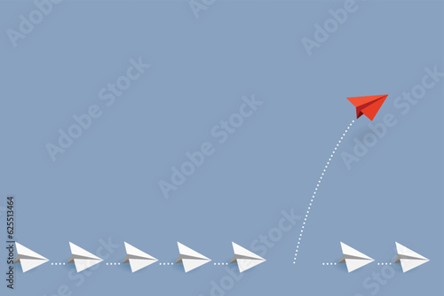 Business concept. Red paper airplane flying changing direction on blue sky of business teamwork and one different vision. Leader, New idea, boss, manager, winner concept, trend. Vector illustration