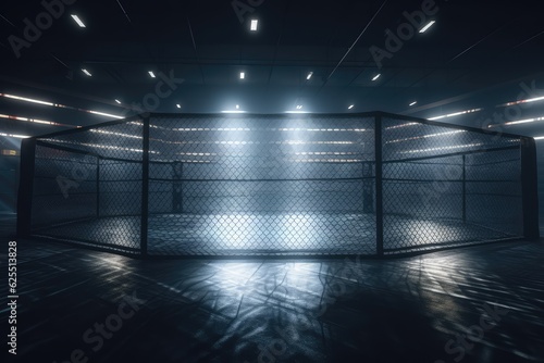 Indoor mma arts arena with grid and ligths empty, AI generated photo