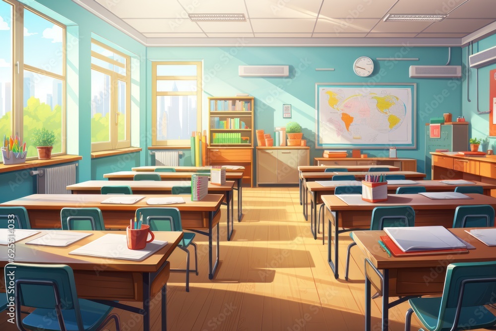 Cartoon classroom interior with view on the blackboard, school desks with chairs, bookcase, door, and window. Cartoon classroom interior with view on the blackboard, school desks with chairs, bookcase, door, and window.