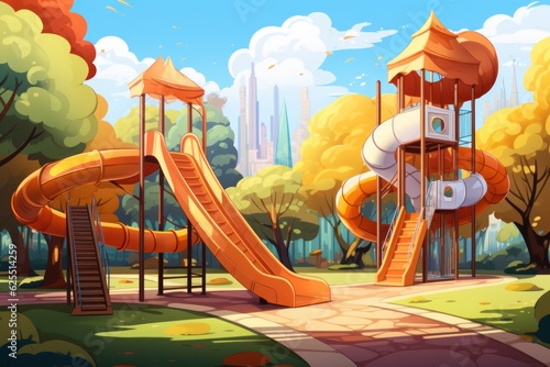 Kids' playground with slides and tubes in the park. Cartoon vector illustration