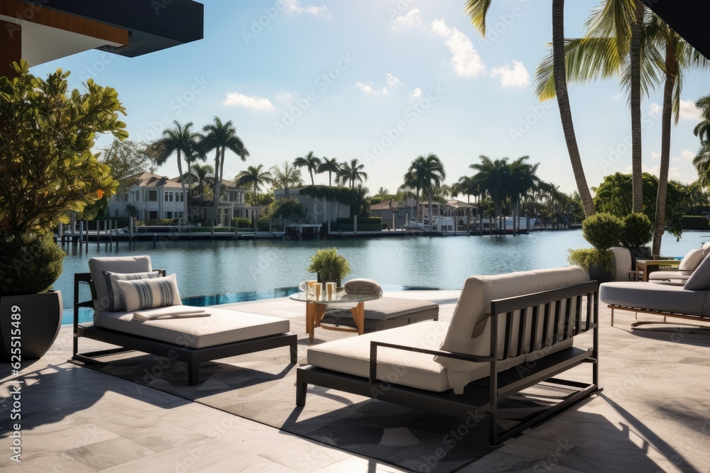 The outdoor area of a contemporary, high end residence located on the Barcelona Canal River in Fort Lauderdale, Miami. It features a swimming pool surrounded by comfortable sun loungers and outdoor