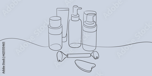Cosmetics set outline. Cream tubes makeup continuous one line drawing. Face care items. Decorative product cosmetics on blue background