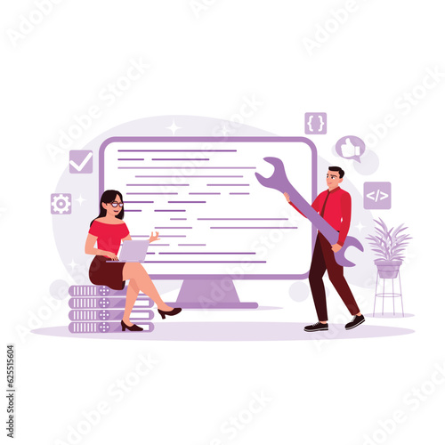 Programmers work seriously and develop technology and coding. Trend Modern vector flat illustration.