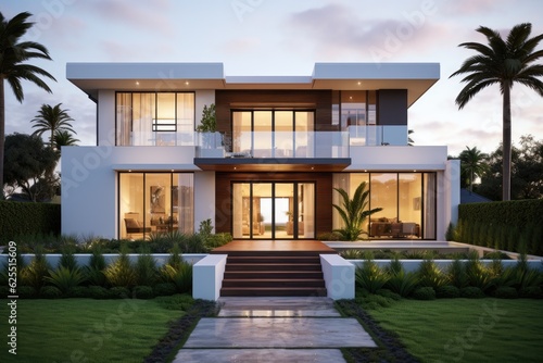 The front view or outer appearance of a newly constructed two story residence that features a contemporary design inspired by Australian architecture.