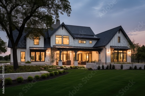 The twilight ambiance adds a touch of enchantment to the exquisite exterior of a luxury home designed in the beautiful modern farmhouse style. © 2rogan