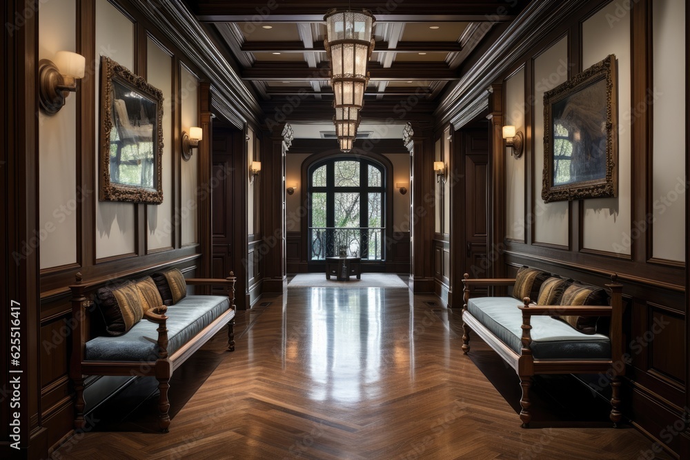 Obraz premium The upstairs hallway in an opulent residence boasts an intricate ceiling design, rich wooden flooring, a chic wooden bench, and sophisticated walls adorned with paneling.