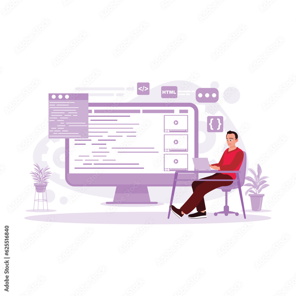 The man sits and works with a laptop, drawing a website development layout sketch. Trend Modern vector flat illustration. The man sits and works with a laptop, drawing a website development layout sketch. Trend Modern vector flat illustration.