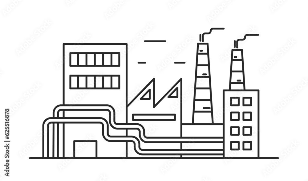 Manufacturing power station. Industrial factory, plant building vector outline illustration