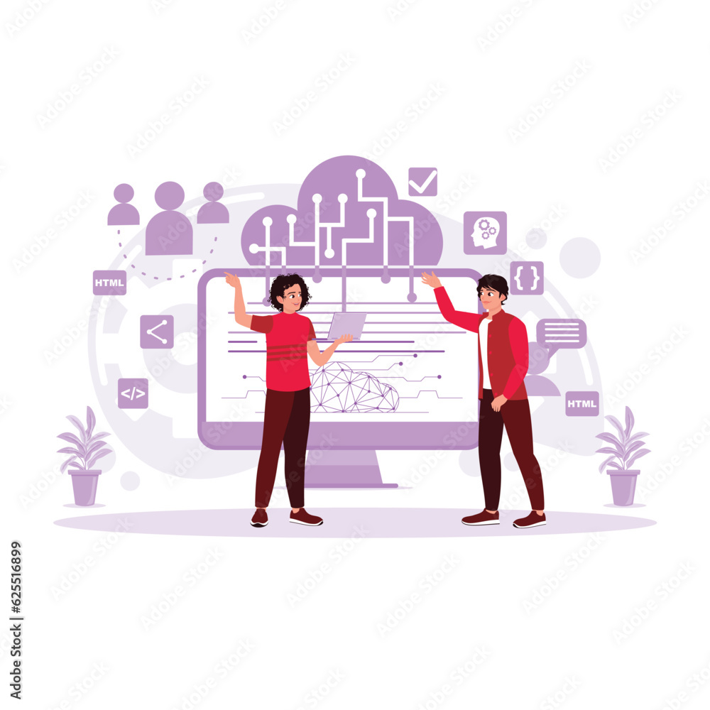 Two male developers design and develop the web with computers. Trend Modern vector flat illustration. Two male developers design and develop the web with computers. Trend Modern vector flat illustration.