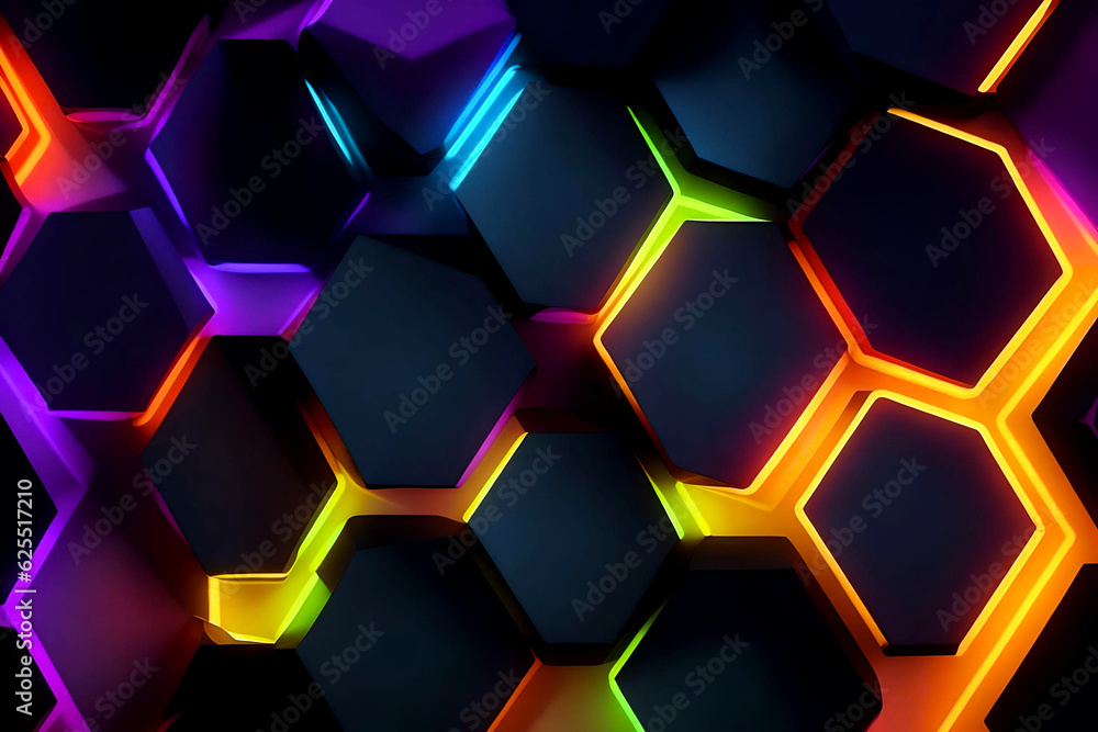 abstract background hexagons shape with reflection colorful neon light on dark background. AI Generated. abstract background hexagons shape with reflection colorful neon light on dark background. AI Generated.
