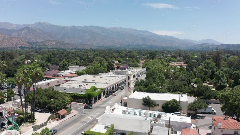 Aerial rising and panning shot of quaint downtown Ojai, California. 4K Aerial rising and panning shot of quaint downtown Ojai, California. 4K
