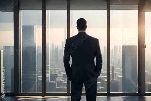 business man standing in front of window over blurred city background.