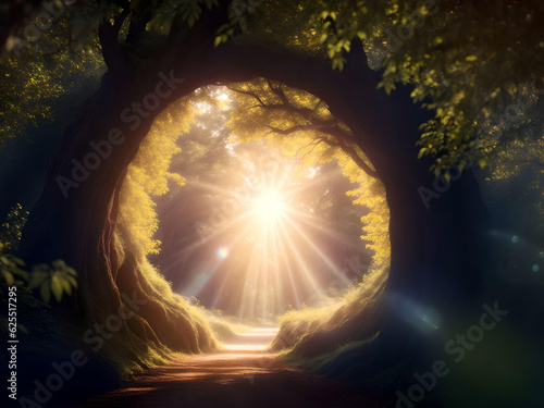 tree tunnel in the morning sun light. AI Generated.