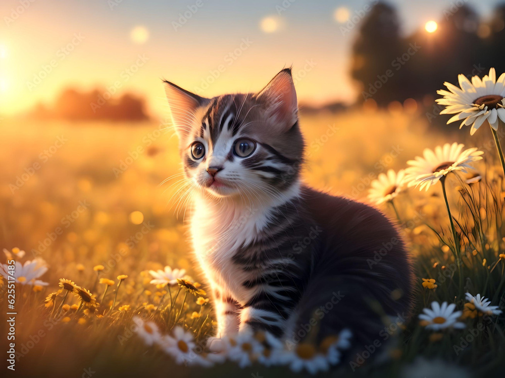 cute kitten siting  on grass flower field over sunset warm light bokeh background. AI Generated.