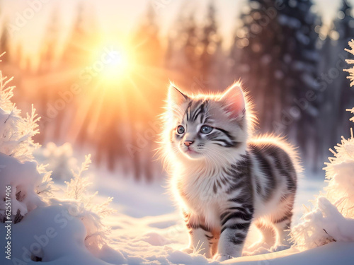 cute kitten siting on snow over winter flower field and forest sunset warm light bokeh background. AI Generated.