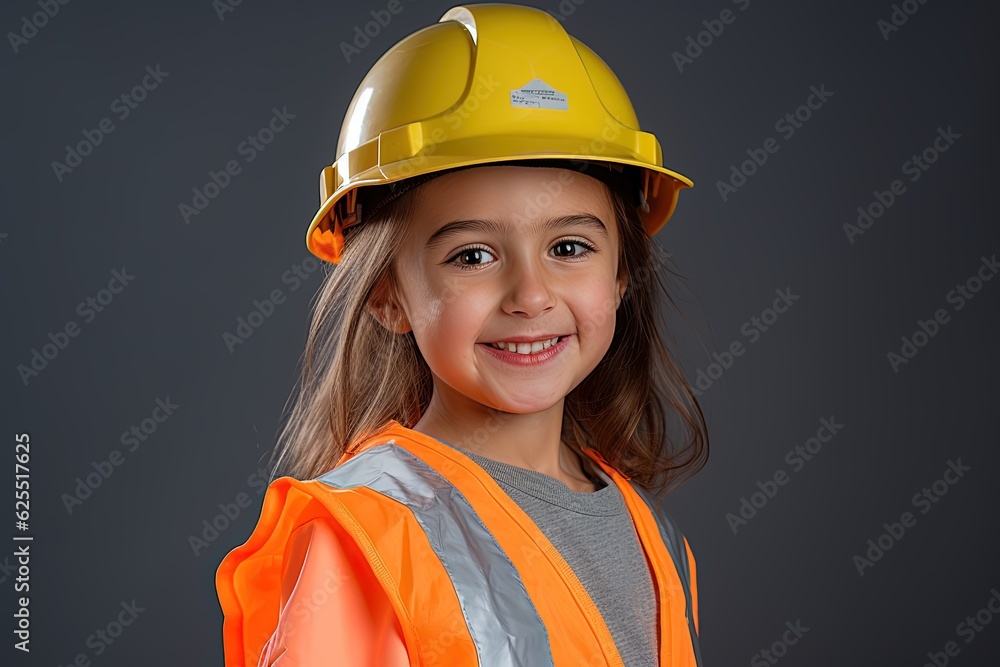 Portrait of a smiling little girl in a construction helmet.Generative Ai Portrait of a smiling little girl in a construction helmet.Generative Ai