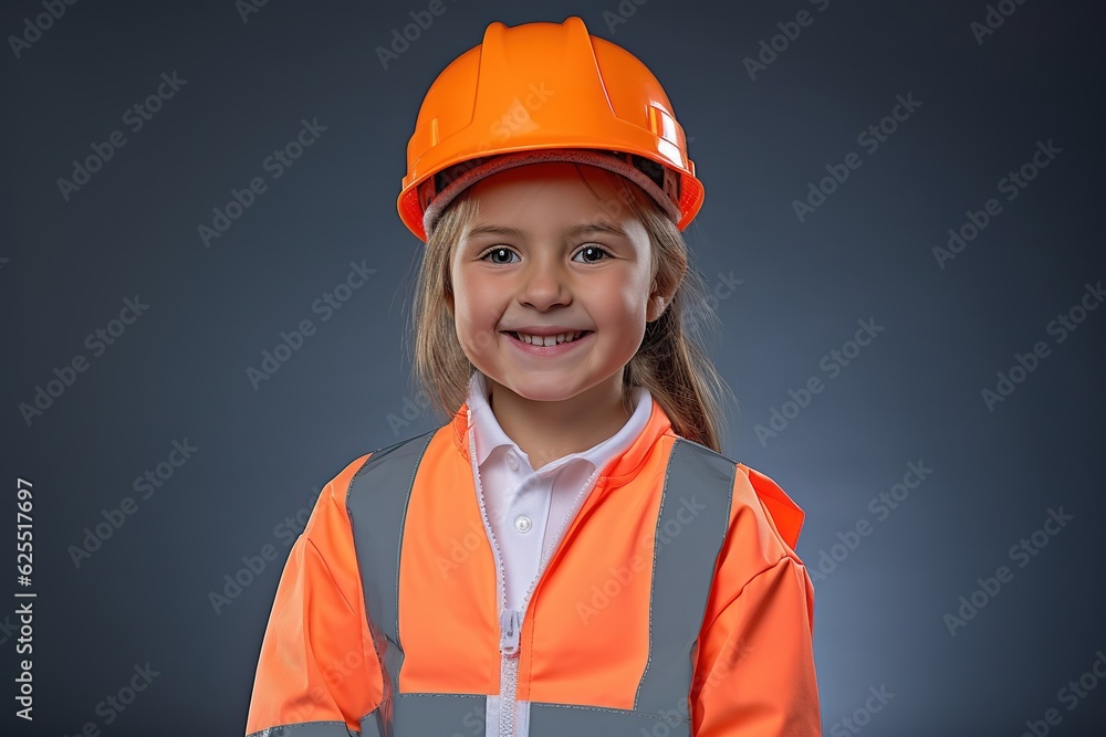 Portrait of a smiling little girl in a construction helmet.Generative Ai Portrait of a smiling little girl in a construction helmet.Generative Ai