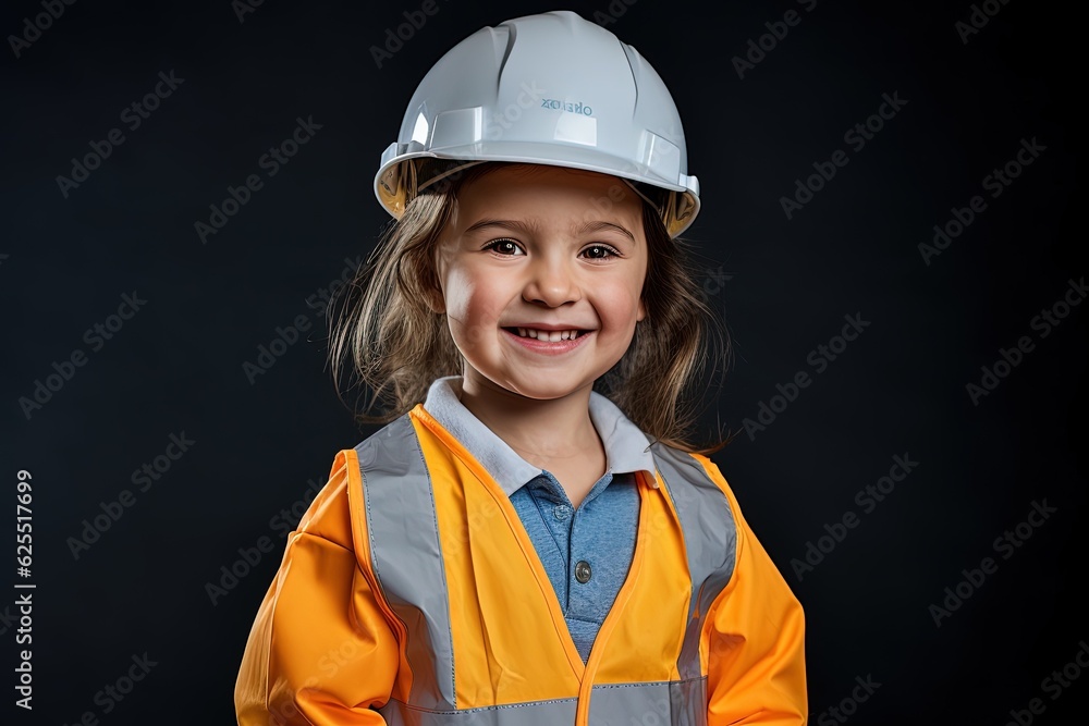 Portrait of a smiling little girl in a construction helmet.Generative Ai Portrait of a smiling little girl in a construction helmet.Generative Ai