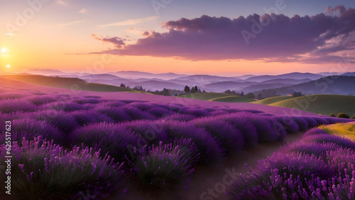 lavender field in sunset over blurred mountain landscape. AI Generated.