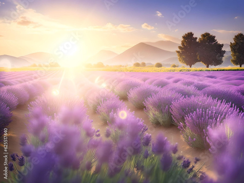 lavender field on day light over blurred mountain landscape. AI Generated.