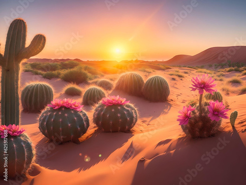sunset in the desert with beautiful cactus over blurred sand dune and mountain. AI Generated.