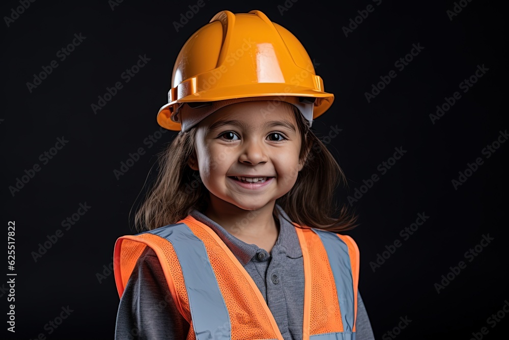 Portrait of a smiling little girl in a construction helmet.Generative Ai Portrait of a smiling little girl in a construction helmet.Generative Ai
