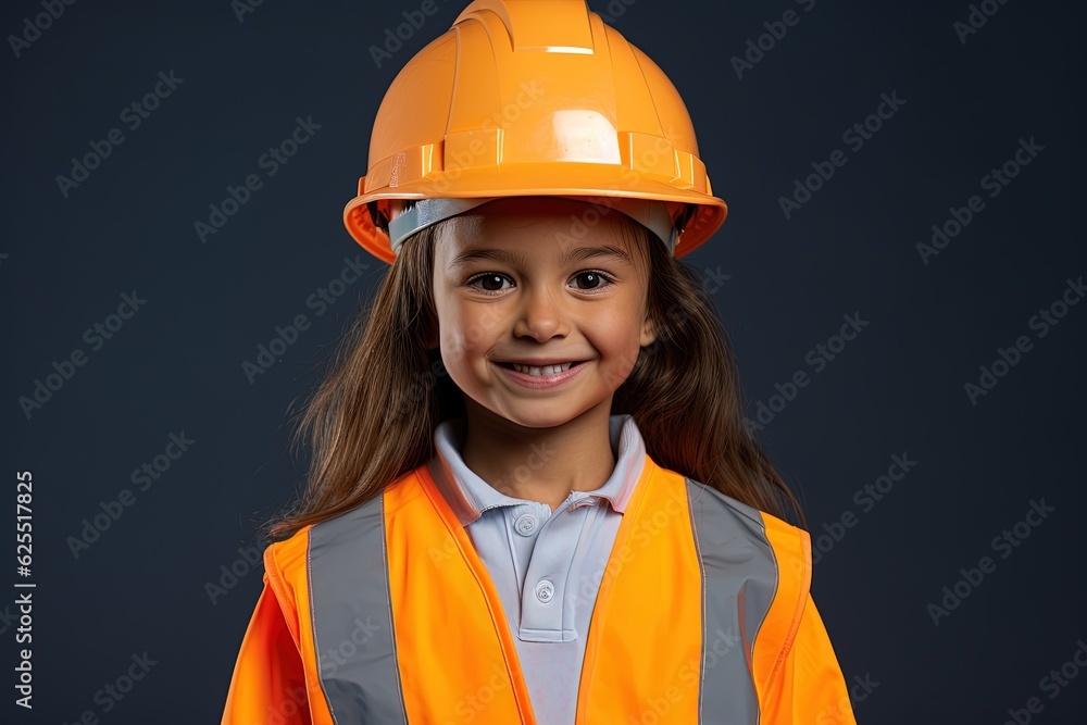 Portrait of a smiling little girl in a construction helmet.Generative Ai Portrait of a smiling little girl in a construction helmet.Generative Ai