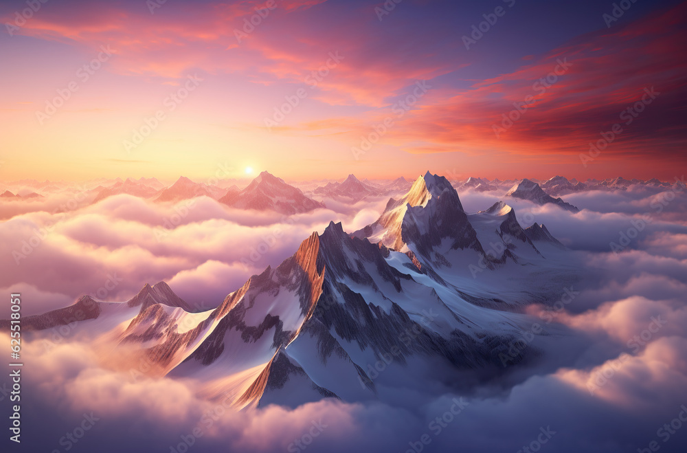 pink and purple sunset in the snowy mountains peaks