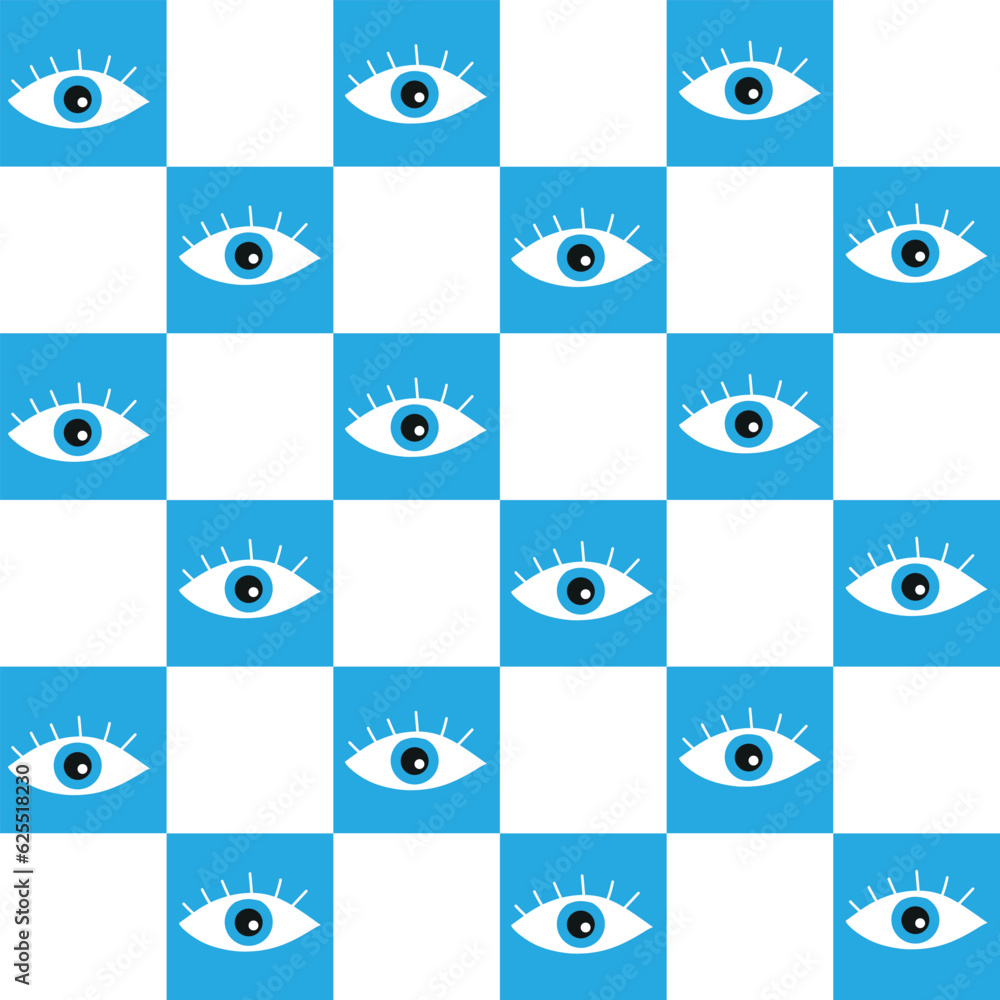 Checkered Abstract blue eyes seamless pattern on white and blue checkerboards. For stationary, textile and fabric Checkered Abstract blue eyes seamless pattern on white and blue checkerboards. For stationary, textile and fabric