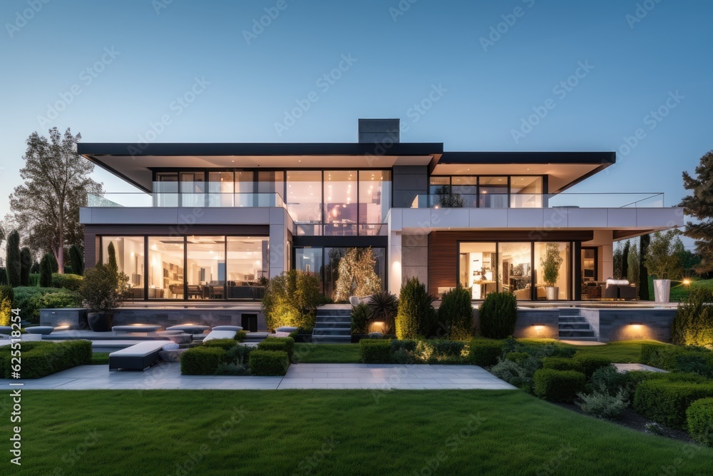 The exterior of a modern luxury home during the late afternoon.