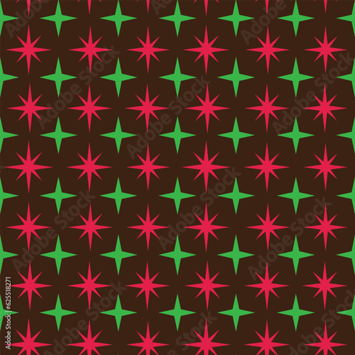 Red and green mid century Christmas atomic starbursts seamless pattern. For Christmas decor, textile and fabric 