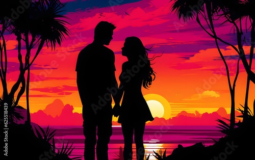 Silhouette of couple on beach with sunset and palm illustration of lovely beach generative ai