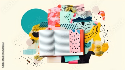 Art style collage featuring the concept of journaling. The therapeutic process of expressing thoughts and emotions on paper, providing a window into self-reflection and mindfulness. Generative AI