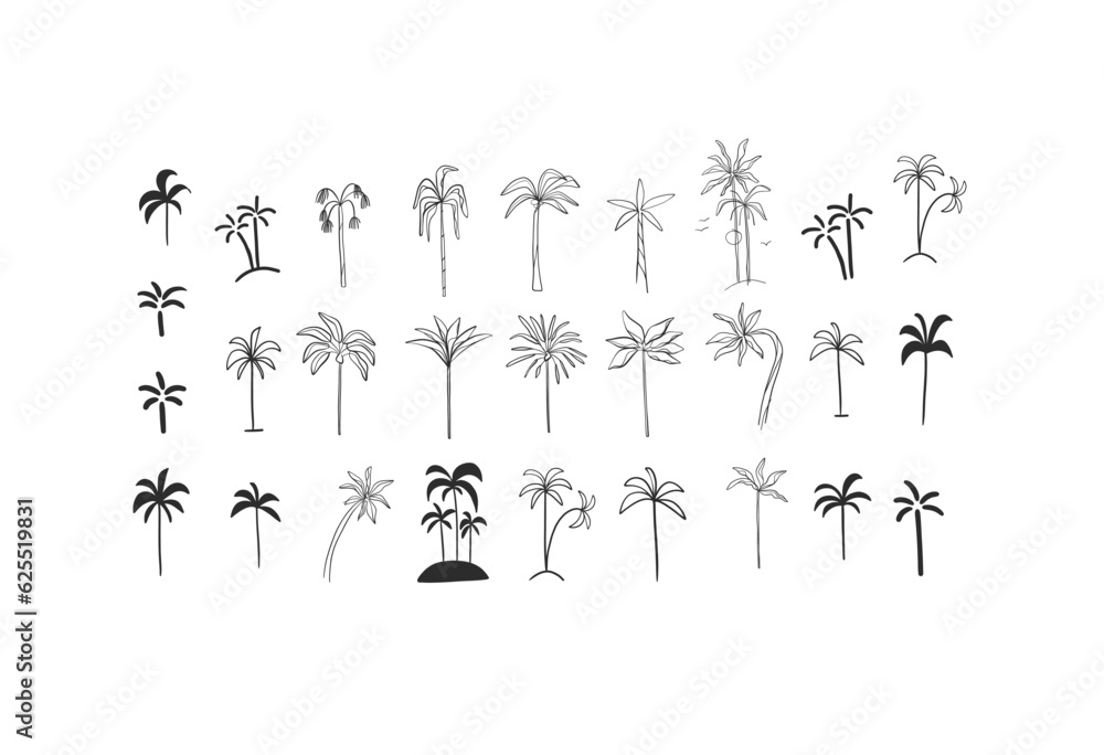 Fototapeta premium Hand drawn vector abstract minimalistic line art graphic drawing tropical exotic nature palm tree set icon sign collection isolated.Summer travel jungle design concept.Summer tropical tree logo set.