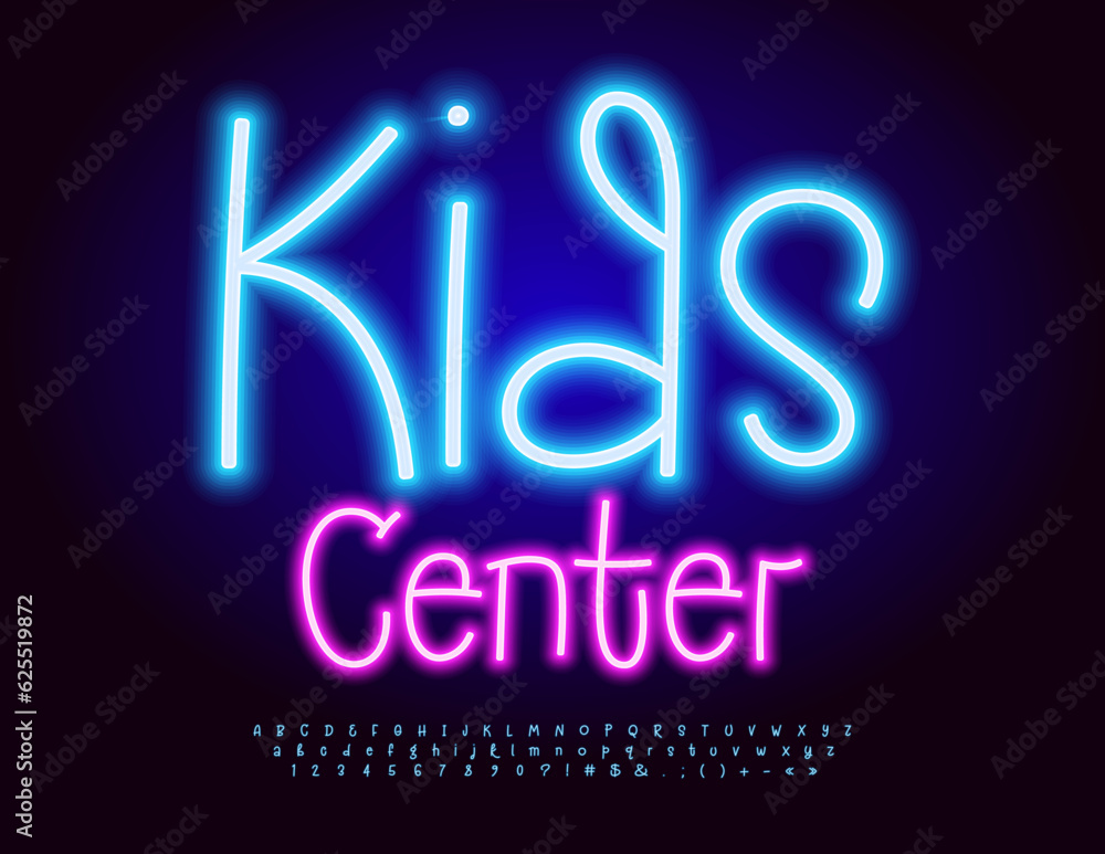 Vector funny Sign Kids Center with Neon Font. Blue Glowing set of Alphabet Letters, Numbers and Symbols Vector funny Sign Kids Center with Neon Font. Blue Glowing set of Alphabet Letters, Numbers and Symbols