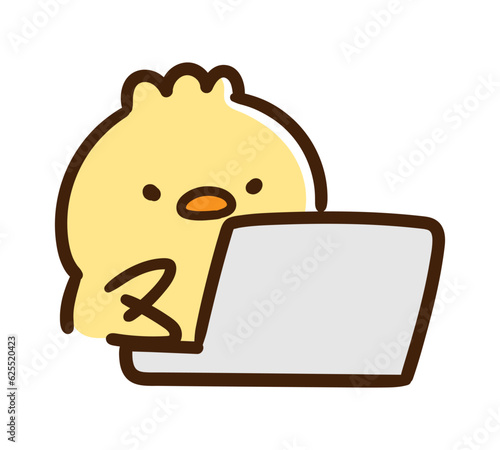 必死でキーボードを叩くかわいいひよこのキャラクターの手書きイラスト