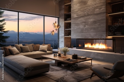 A beautiful, sophisticated living room adorned with a fireplace, television, coffee table, and comfortable couch, offering a stunning panoramic view.