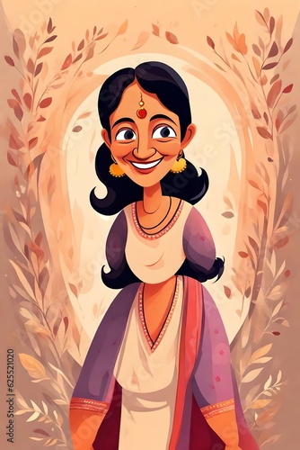 a pretty middle-aged Indian woman with a warm smile done in a cartoon style 