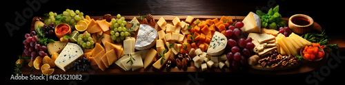 cheese section at a fancy buffet or a supermarket dairy products section as wide banner with copy space area - Generative AI