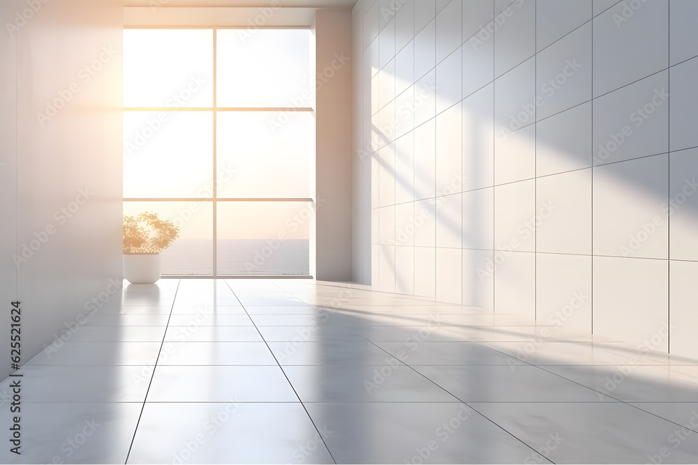 Fototapeta premium 3d rendering, a clean white wall background, sunset lighting. Generative AI
