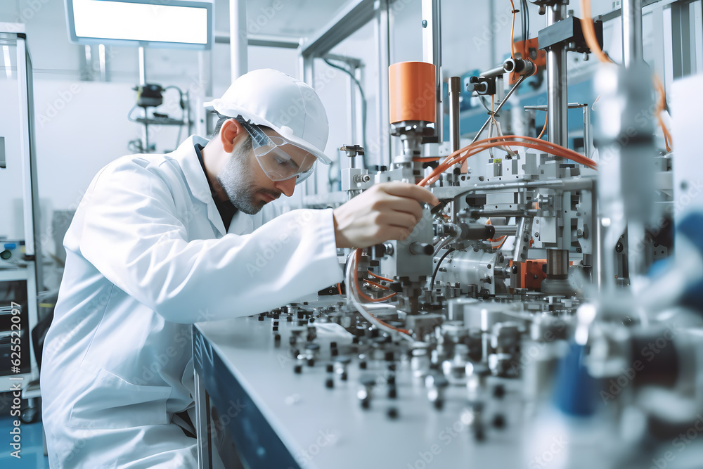 A mechanical engineer conducting experiments and tests in a well-equipped laboratory, surrounded by advanced machinery and instruments. Generative AI A mechanical engineer conducting experiments and tests in a well-equipped laboratory, surrounded by advanced machinery and instruments. Generative AI