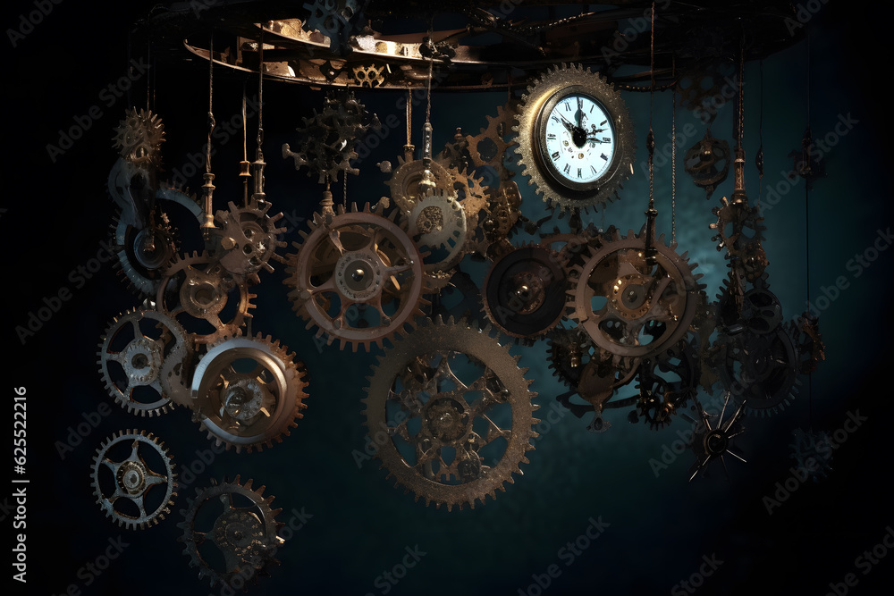 A surreal and intricate composition of floating clock gears in a studio setup with, detailed texture, concept of time and precision. Generative AI