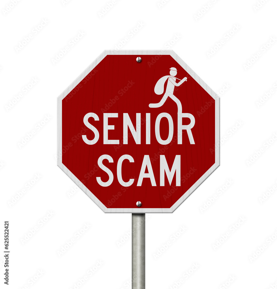 Senior Scam message on red street stop sign Senior Scam message on red street stop sign