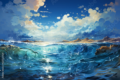A tranquil watercolor artwork of an ocean with the ozone layer safeguarding marine life Generative AI