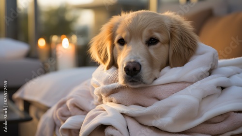 Golden Retriever dog wrapped in a warm blanket. Selective focus. AI generated