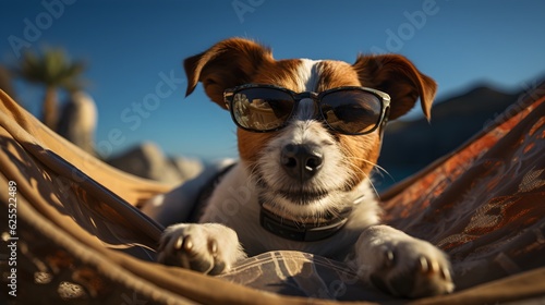 Jack russell terrier dog in a hammock relaxing on the beach. AI generated