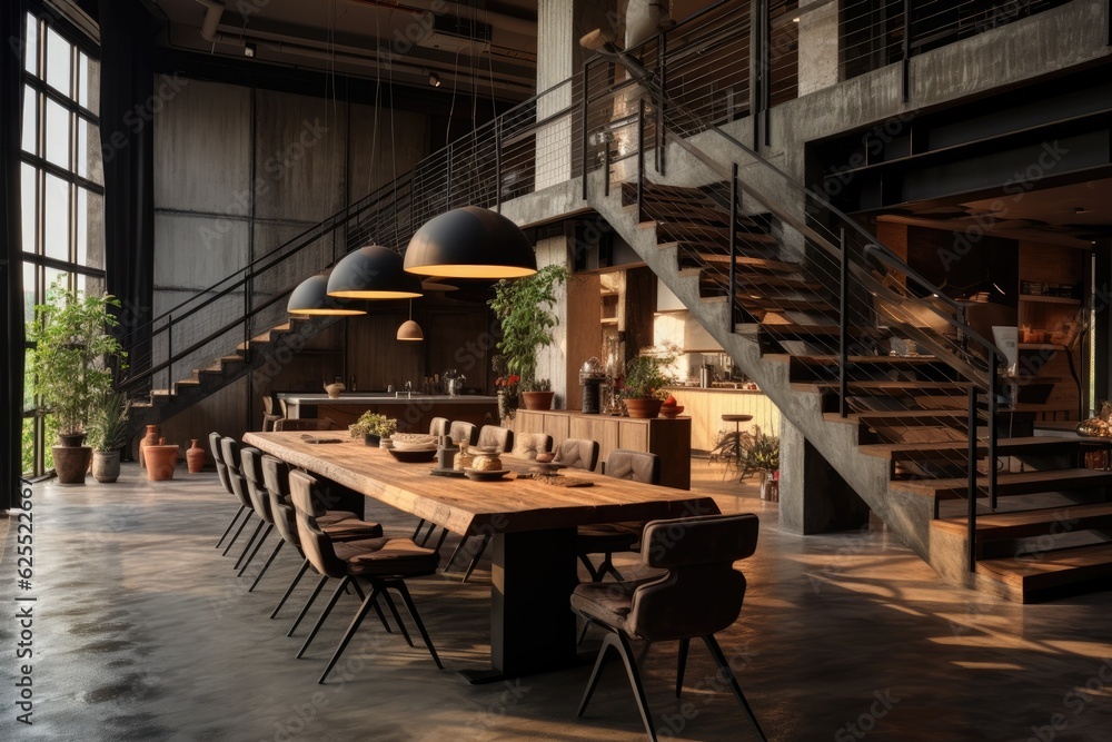 A vast area characterized by both industrial half landing stairs and a wooden dining space.