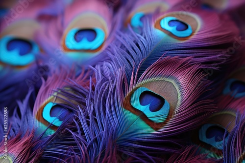 Abstract peacock feather, macro close up. Vivid exotic bird feather texture background. 