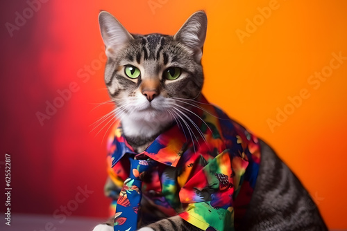 Funny cat wearing business costume and tie in studio, colorful background. Generative AI © Mihai Zaharia
